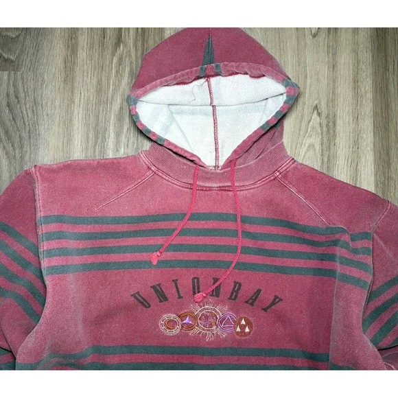90s Vintage Union Bay Sweatshirt Size XL Maroon Stripe Hoodie Grunge Y2K Logo - Picture 2 of 9